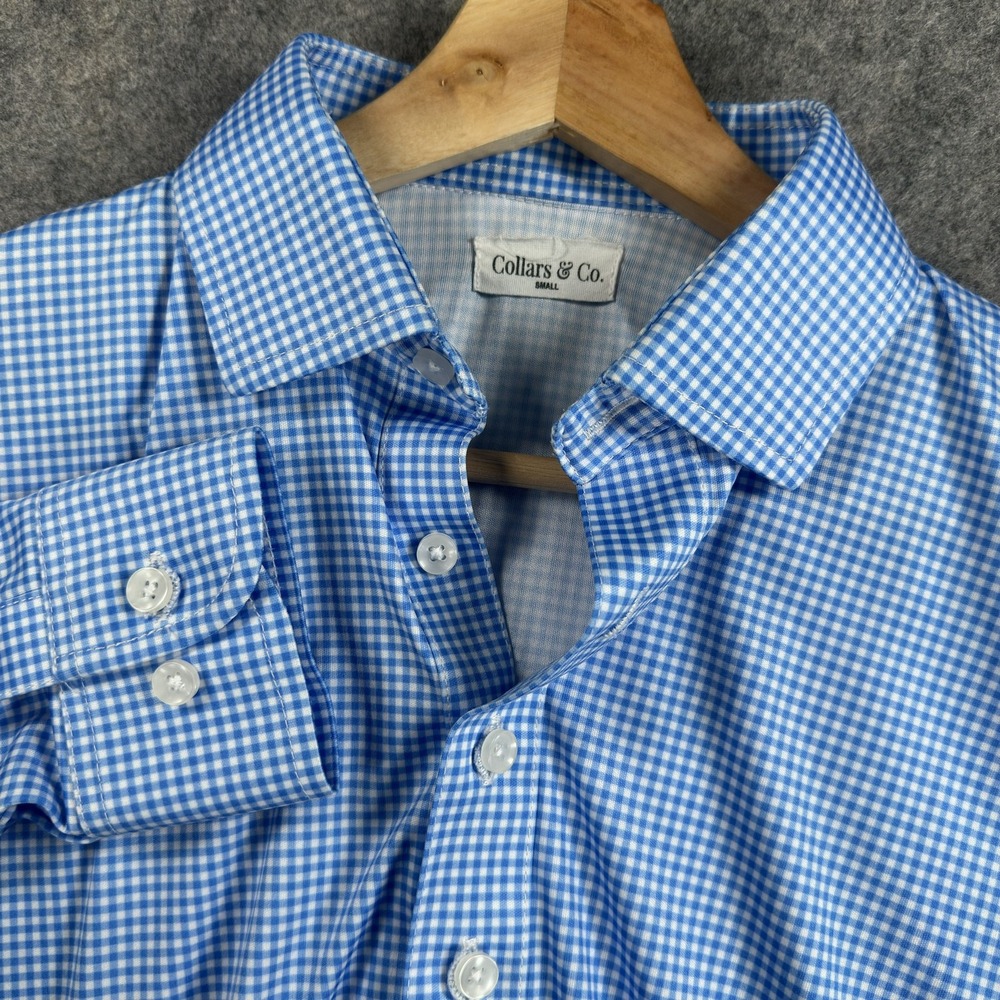 Collars & Co Shirt Mens Small Blue Gingham Dress Collar Polo Long Sleeve
